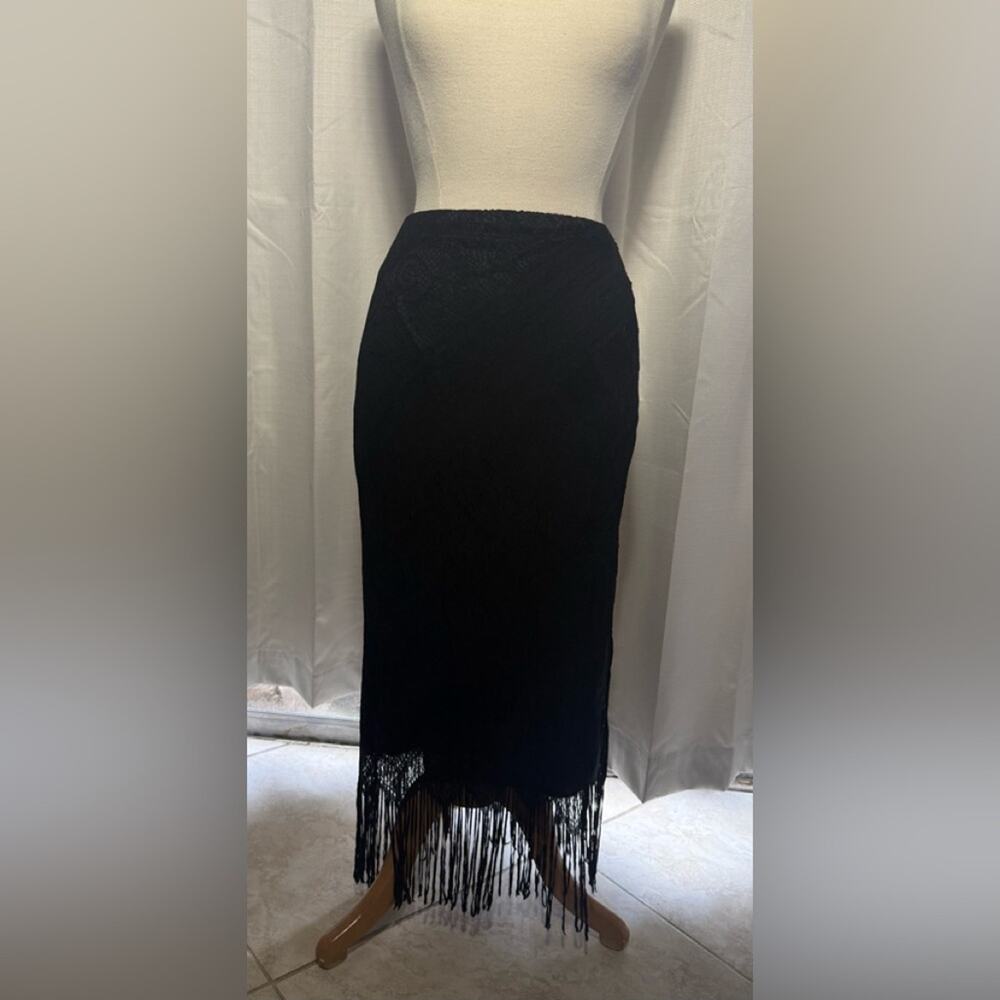 Express Classic Black Pencil Skirt with lace overlay and fringe detail.